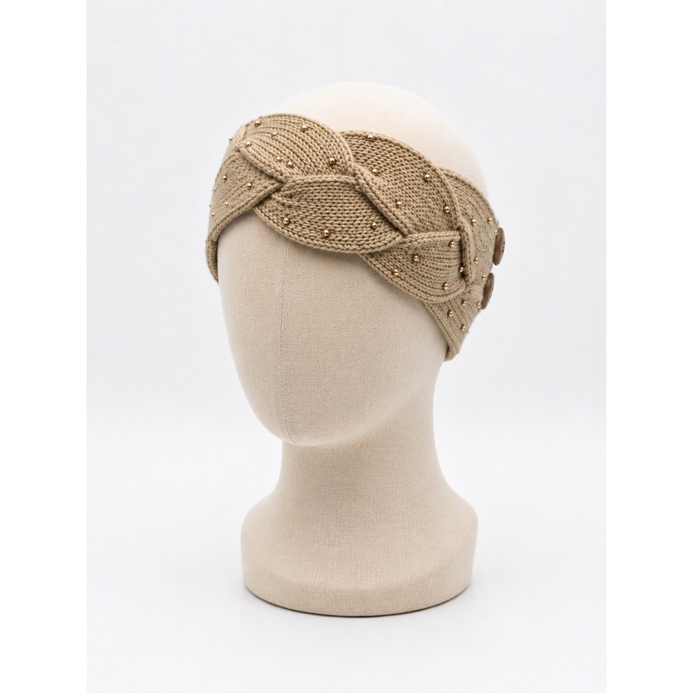 C.C Exclusives Women Braided Knit Headband Oatmeal Taupe Gold Studded Ear Warmer